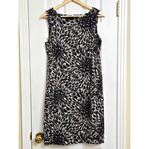 Ann Taylor Silk Dress Sleeveless Raw Hem Neutral Black Gray Animal Florals 12p